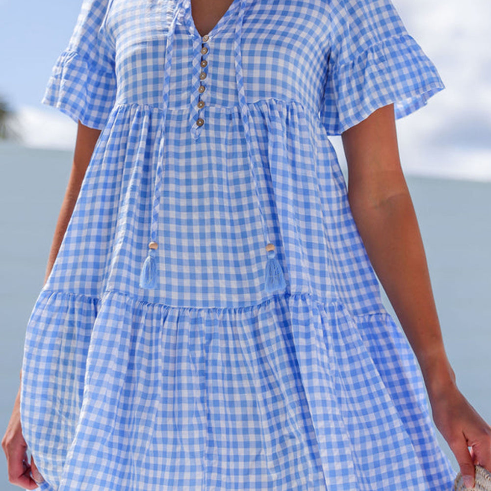 Sky Blue Gingham Short Sleeve Button Tie Split Neck Loose Mini Dress