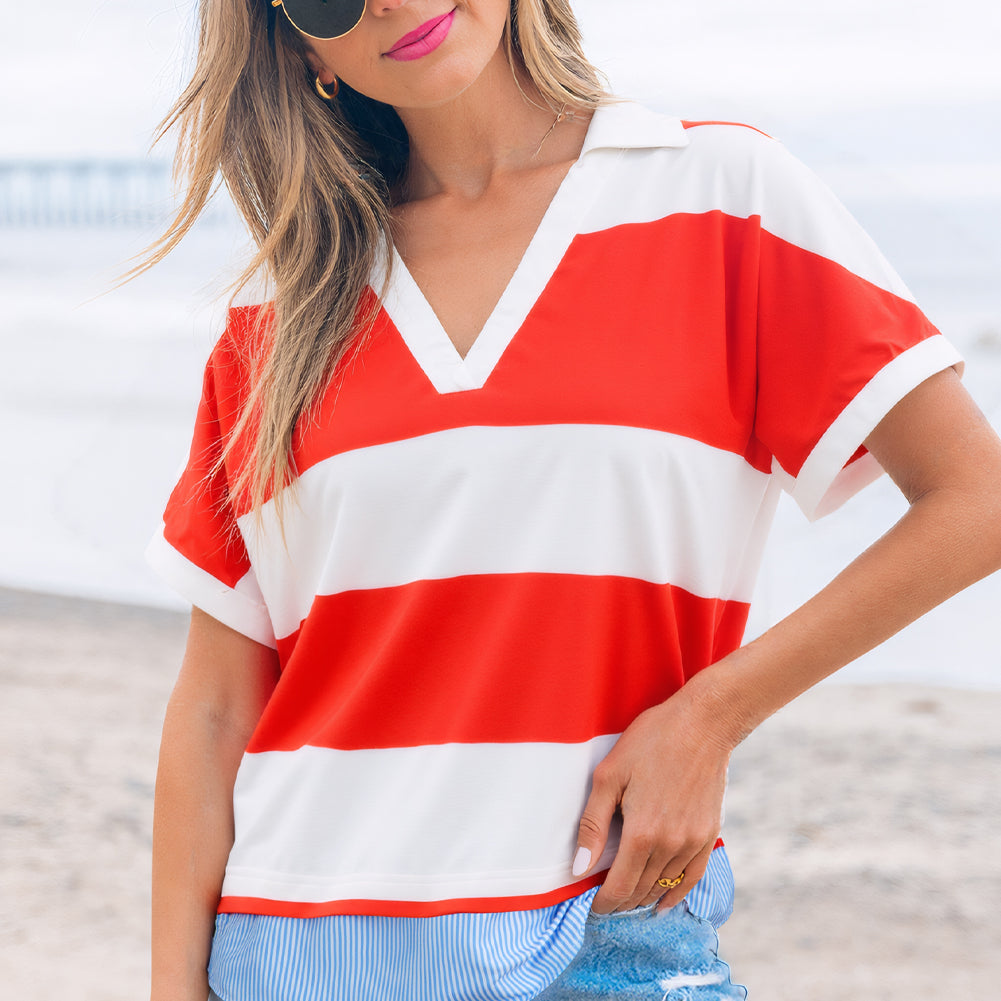 Red Stripe Collar V Neck Cuffed Dolman Short Sleeve Top