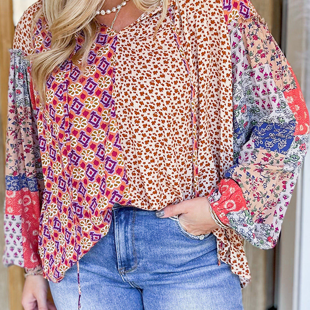 Orange Mixed Floral Printed Long Sleeve Tied V Neck Blouse