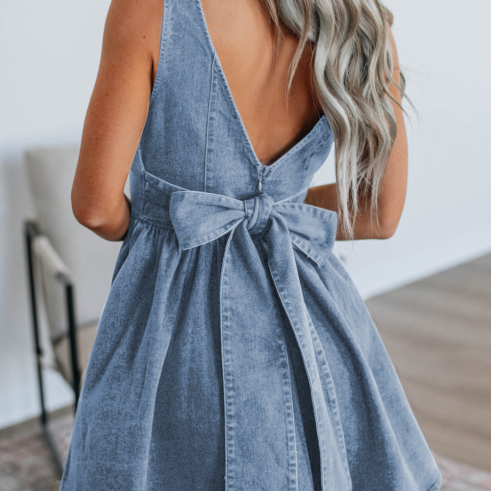 Myosotis Square Neck Bowknot A-line Sleeveless Denim Dress