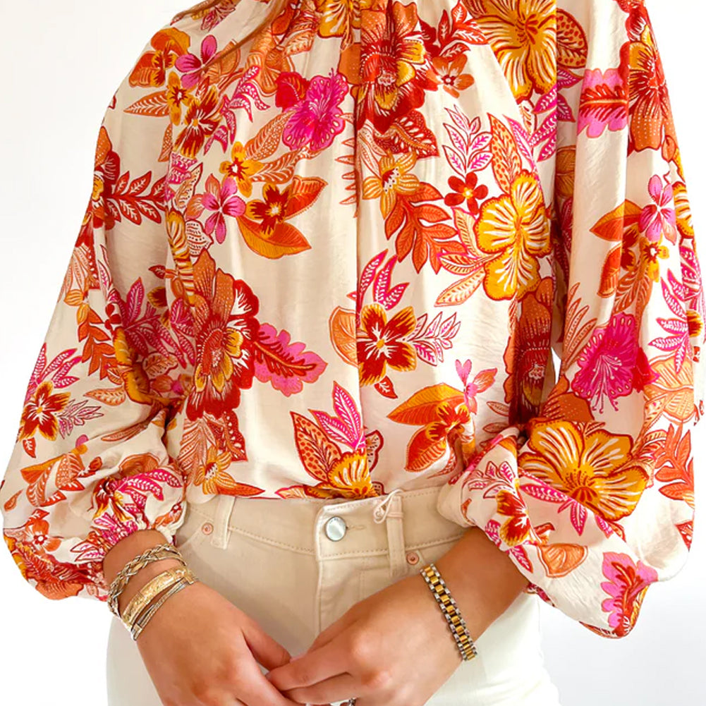 Orange Floral Print Pearl Button Keyhole Long Puff Sleeve Blouse