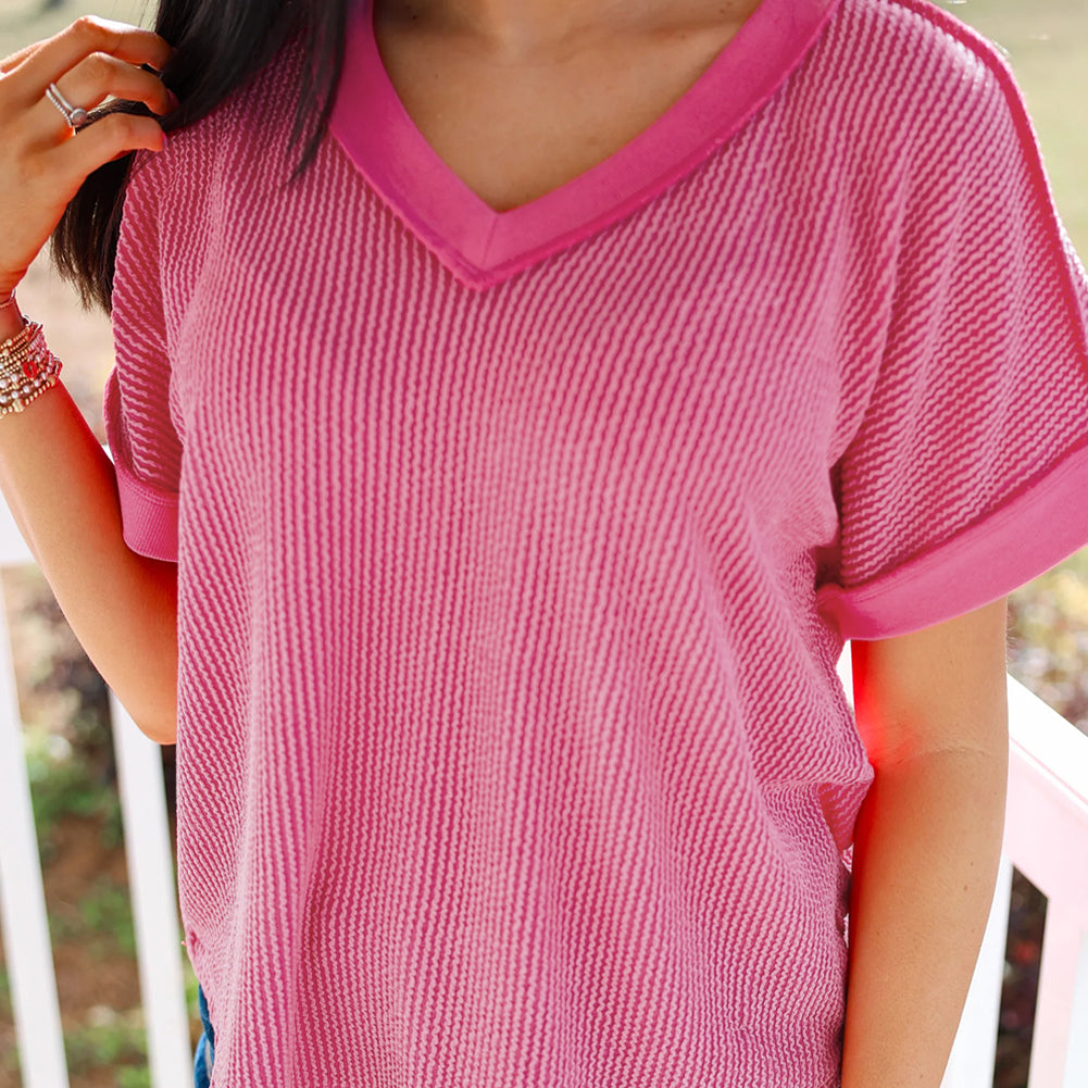 Rose Red Twisted Ribbed Knit V Neck Casual Tee