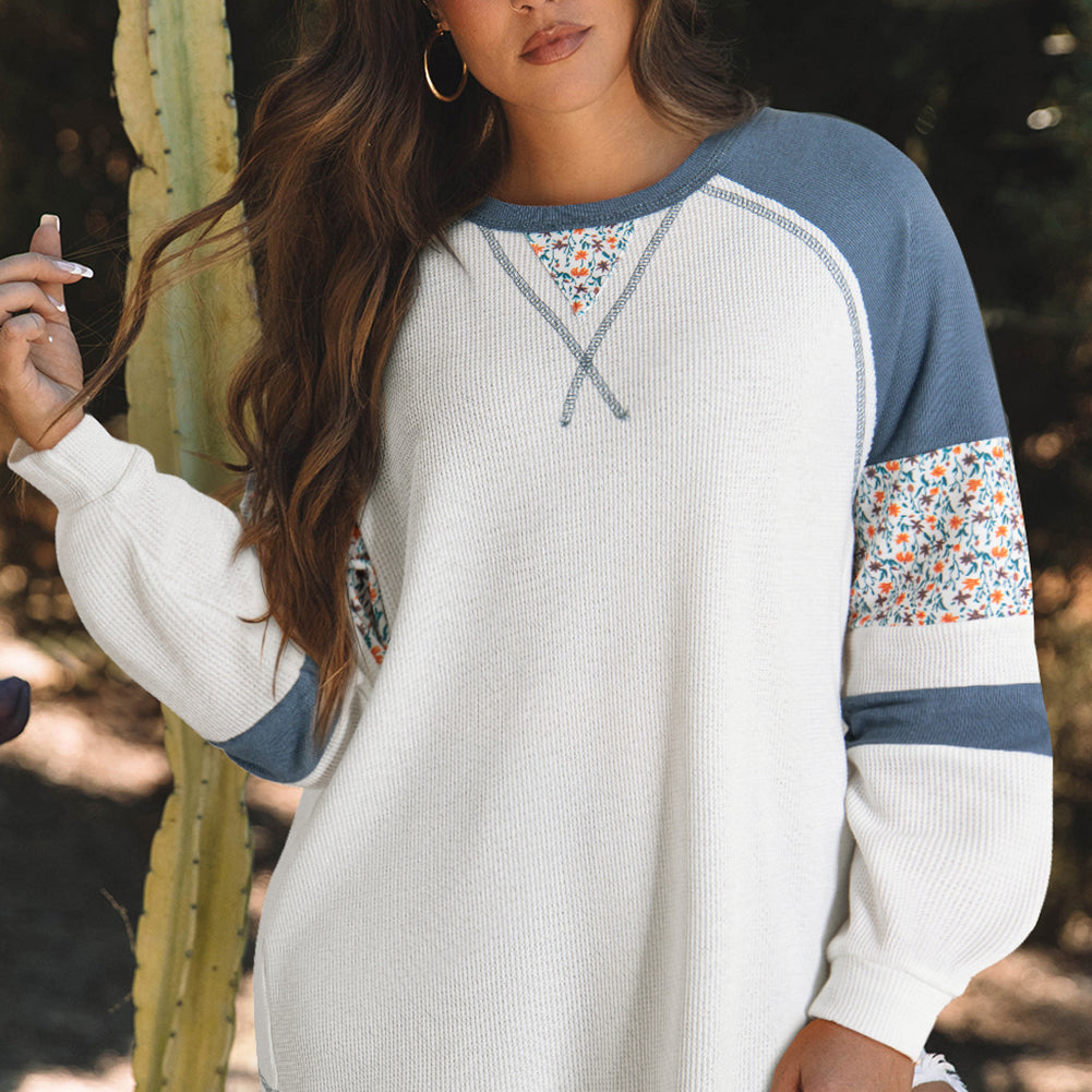 White Floral Patchwork Waffle Knit Raglan Top