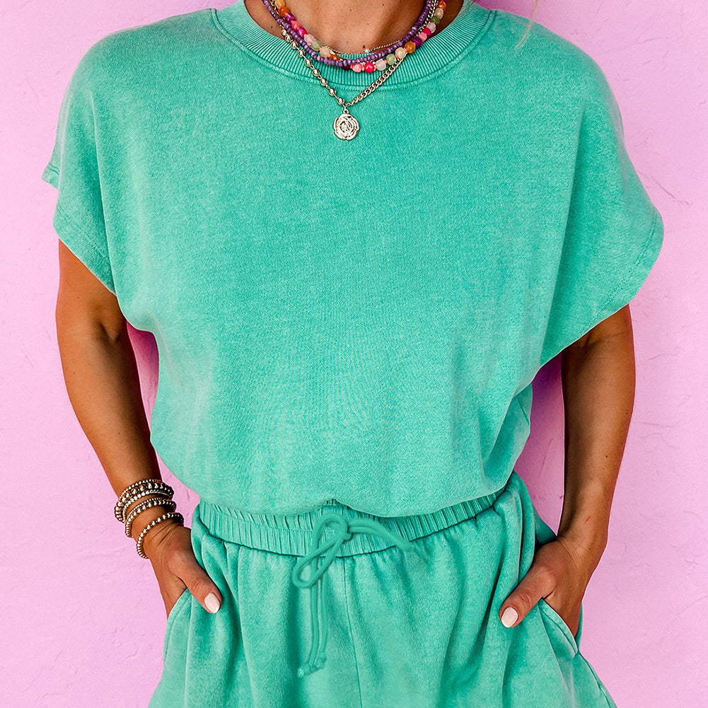 Mist Blue Mineral Wash Drawstring Waist Hollow Out Back Short Sleeve Romper