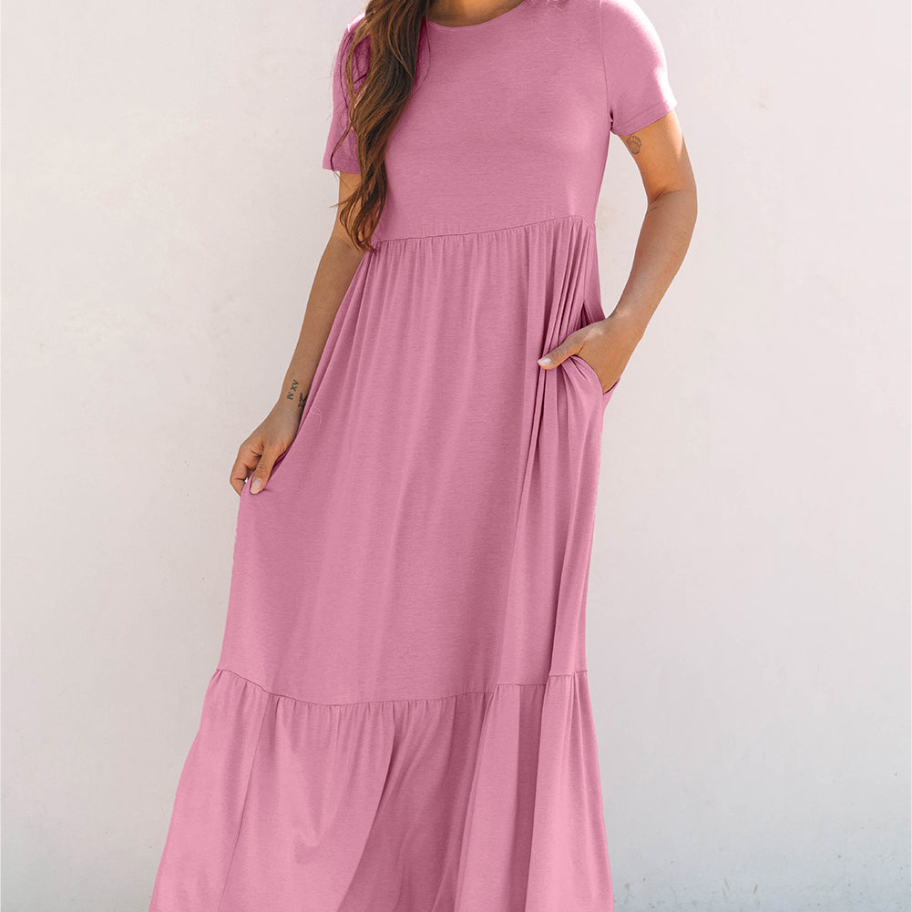 Pink Solid Color T-shirt High Waist Pocketed Long Dress