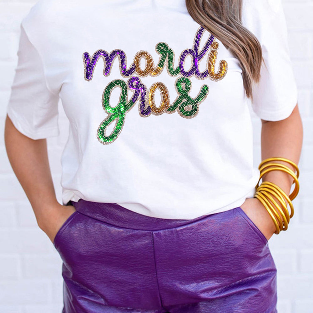 White Sequin mardi gras Graphic T Shirt