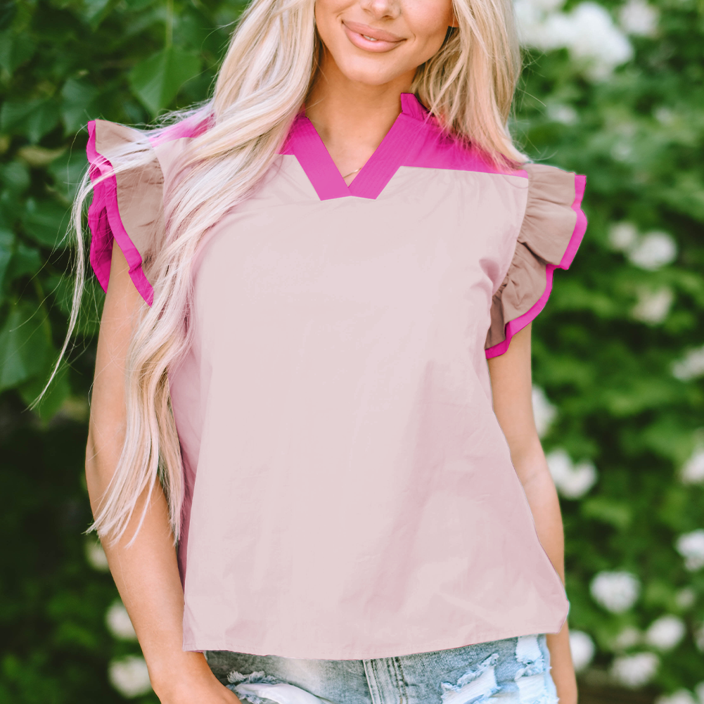 Mist Blue Colorblock Ruffled Sleeve Frill V Neck Blouse