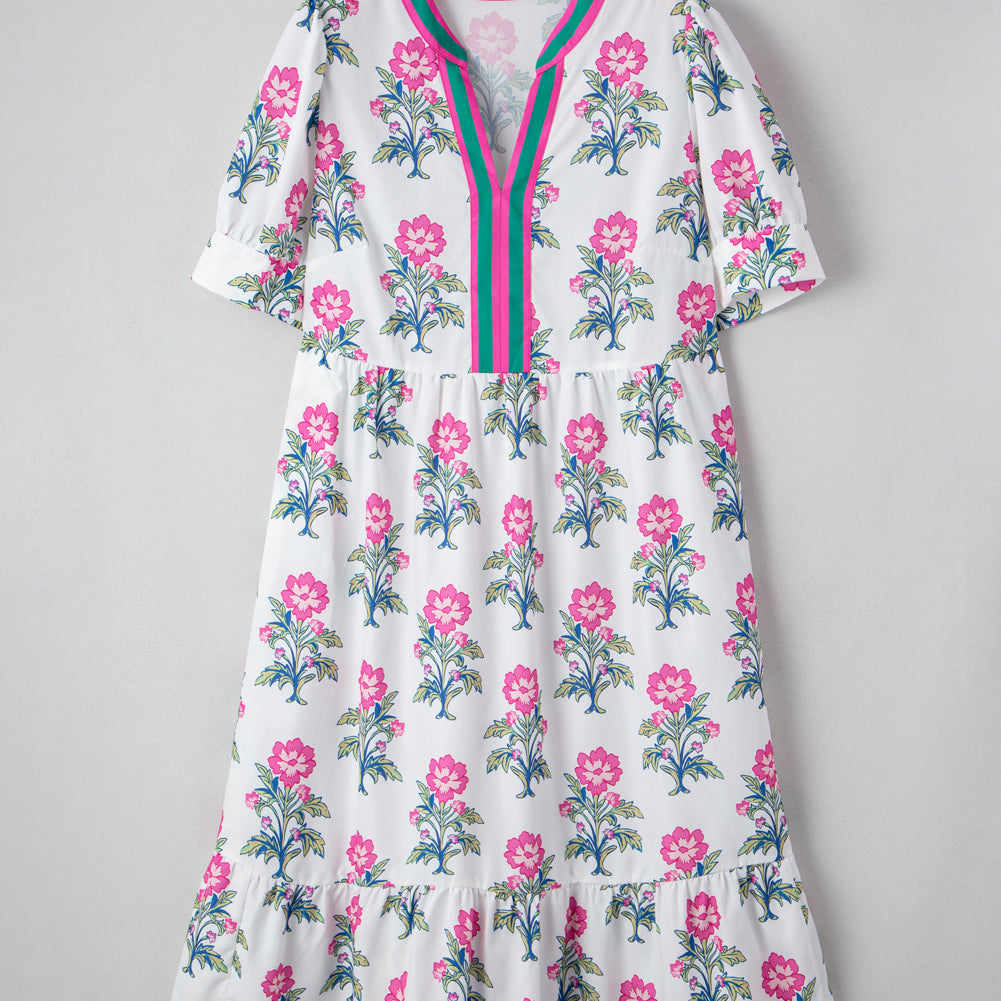 White Allover Print Contrast Split Neckline Short Puff Sleeve Curvy Dress