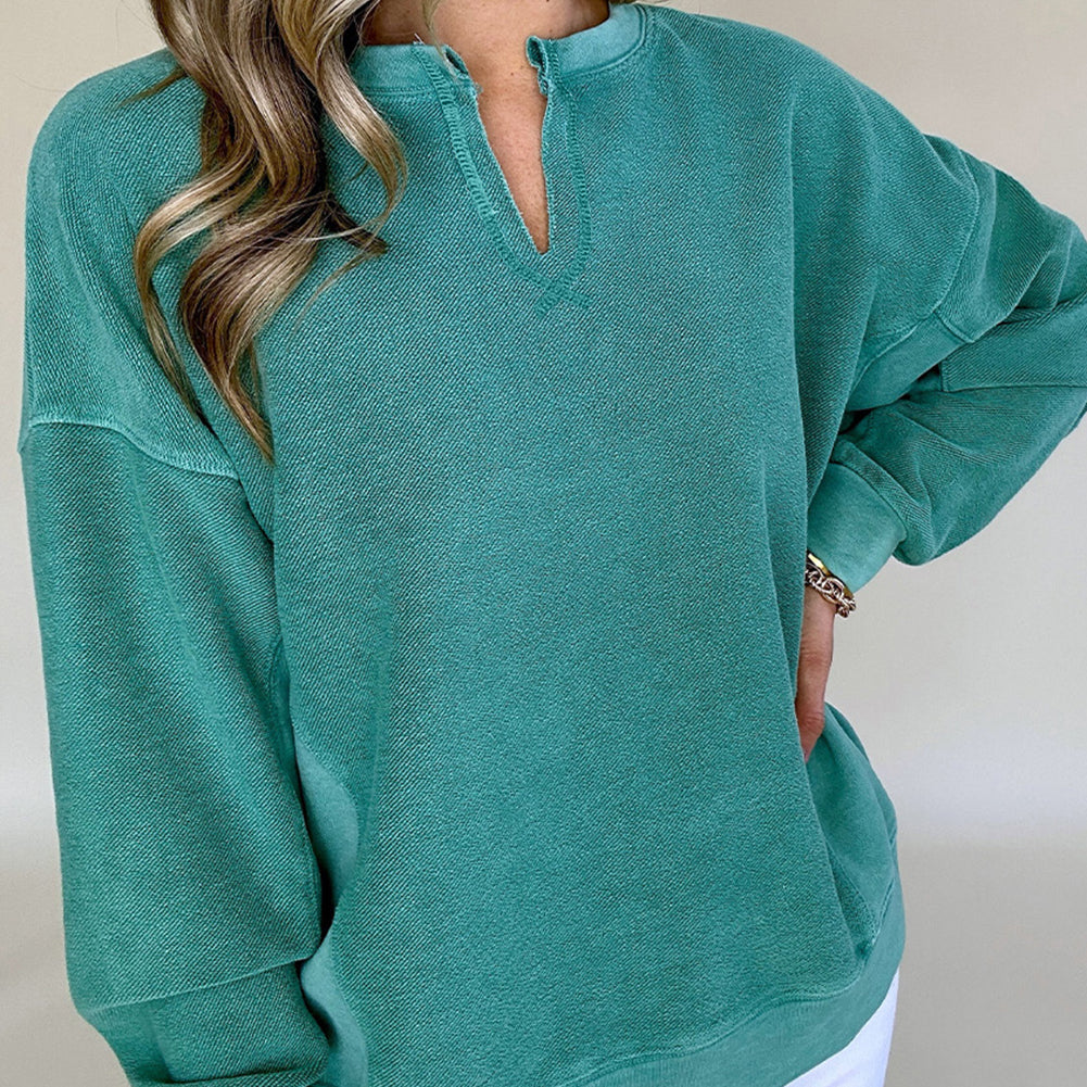 Skobeloff Solid Color Notched Neck Drop Shoulder Sweatshirt