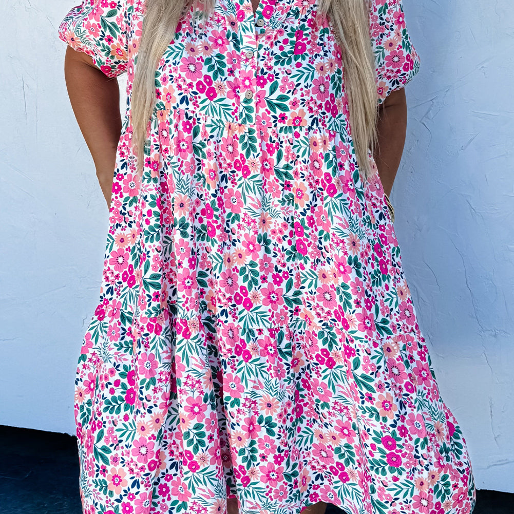 Pink Plus Size Floral Half Button Short Puff Sleeve A-line Dress