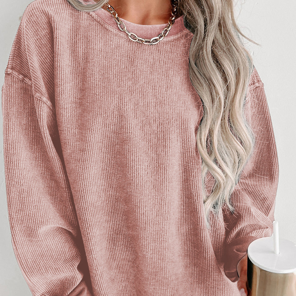 Gray Solid Ribbed Knit Round Neck Pullover Sweatshirt