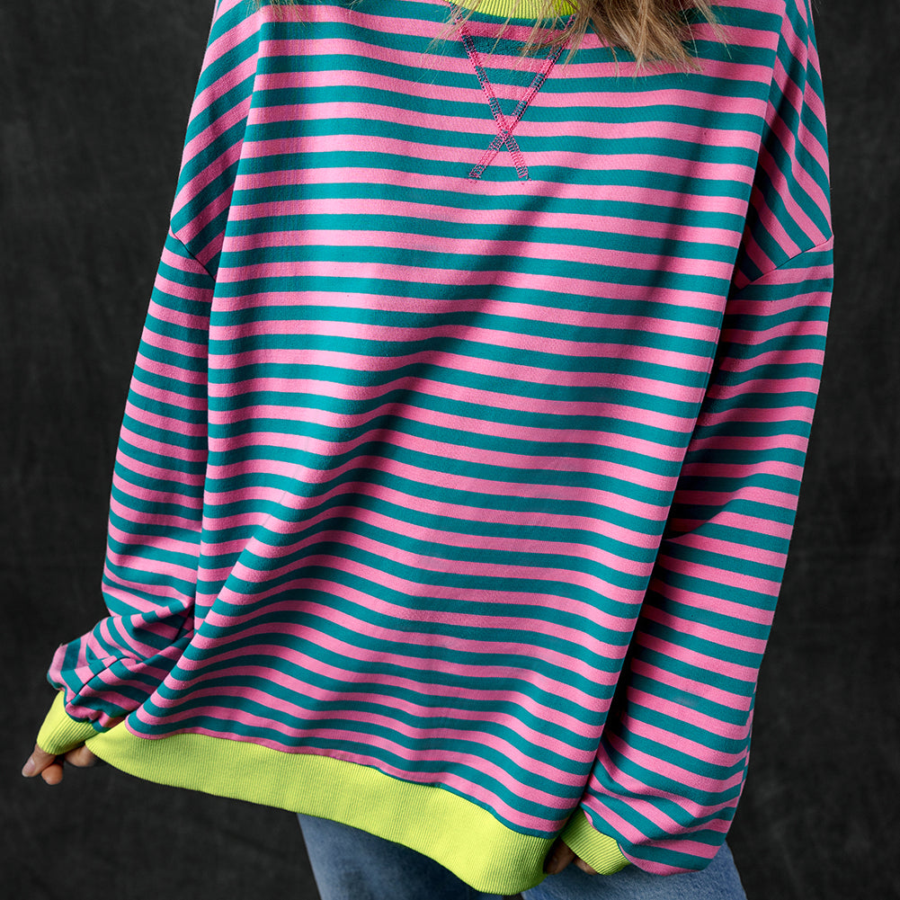 Green Stripe Oversized Contrast Trim Pullover Sweatshirt