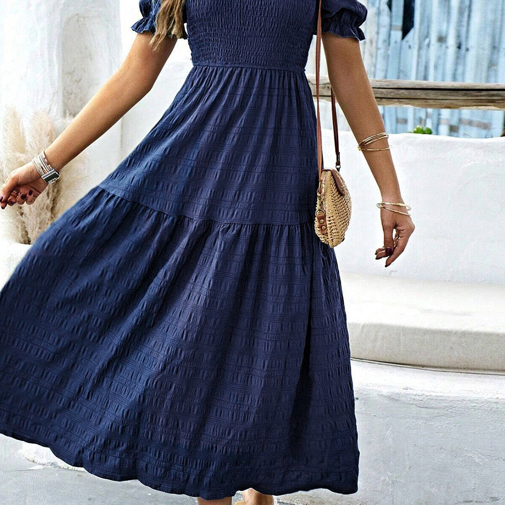 Sail Blue Solid Textured Smocked Puff Short Sleeve High Waist Long Dress