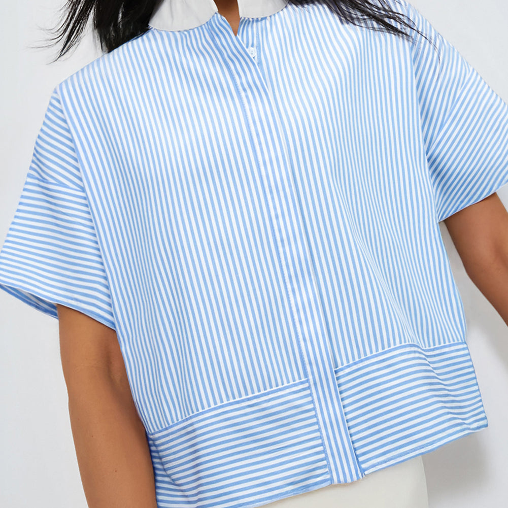 Sky Blue Stripe Contrast Collar Patchwork Hidden Button Short Sleeve Summer Shirt