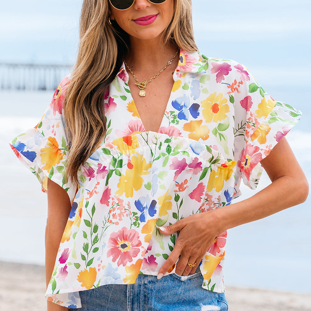 Pink Floral Boxy Fit Ruffled Short Sleeve V Neck Blouse