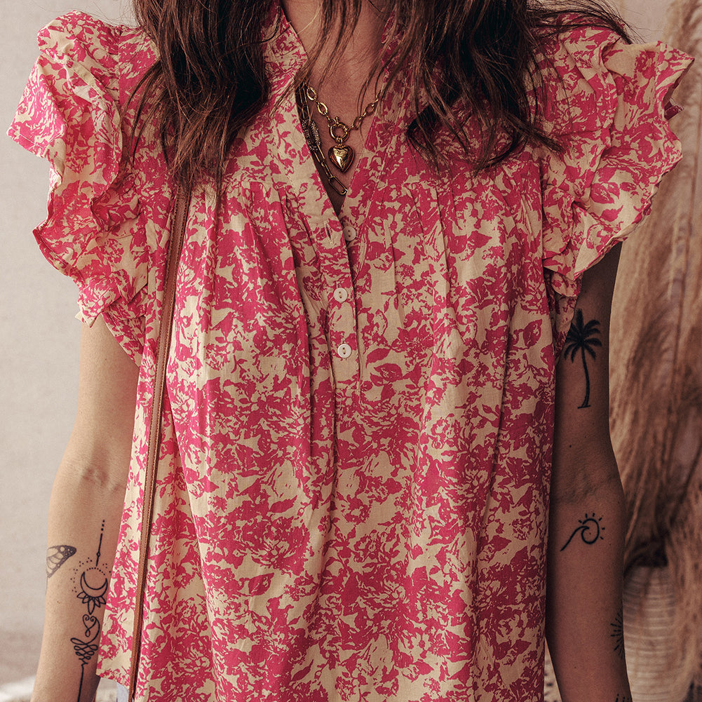 Rose Allover Printed Half Button Neck Ruffle Sleeve Blouse
