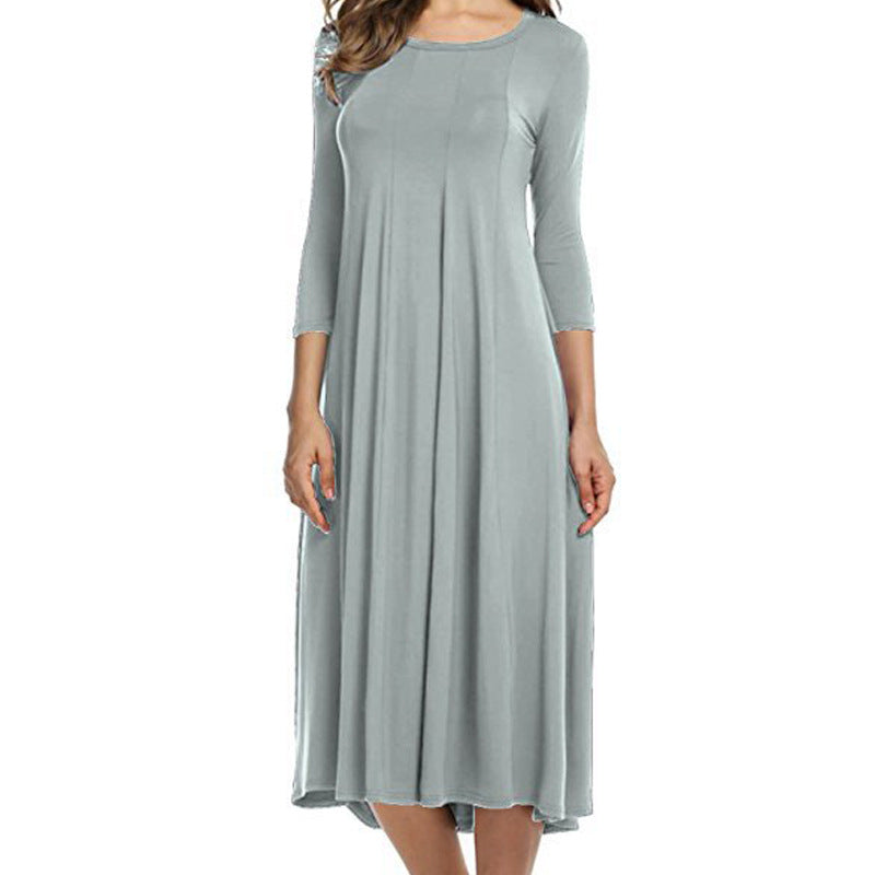 3/4 Sleeve Spring Crew neck Other Other Solid Polyester A-Line Dress Easy Care Knee Length Women