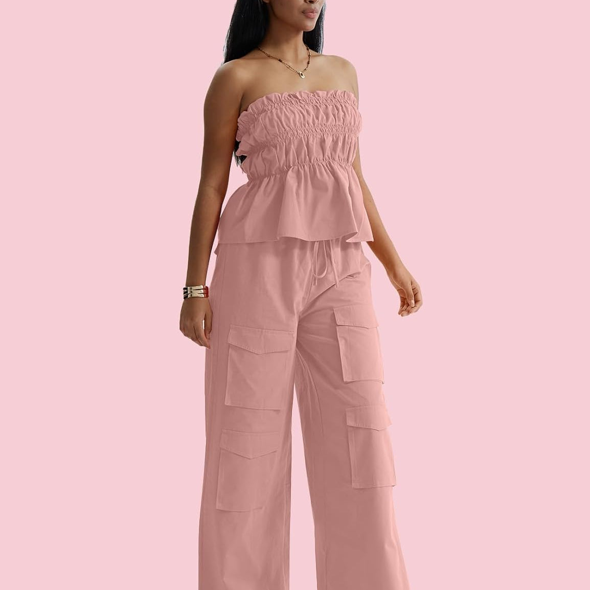 CHERFLY Women's 2 Piece Outfits 2025 Summer Sleeveless Sweatsuits Tube Top Cargo Pants with Pockets Casual Tracksuits