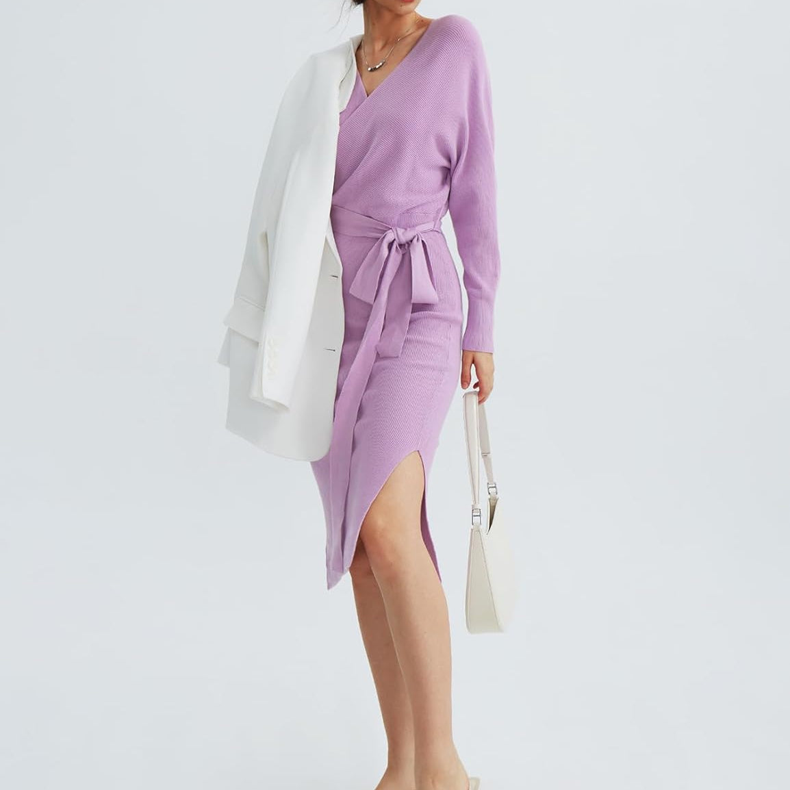 CHERFLY Women's V Neck Sweater Dresses Batwing Long Sleeve Backless Bodycon Long Dress with Belt