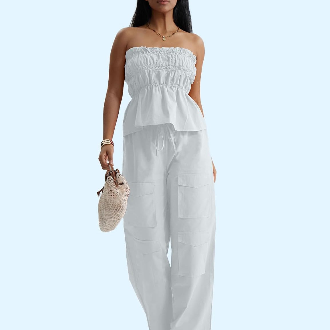 CHERFLY Women's 2 Piece Outfits 2024 Casual Summer Sleeveless Sweatsuits Tube Top Cargo Pants with Pockets Matching Sets