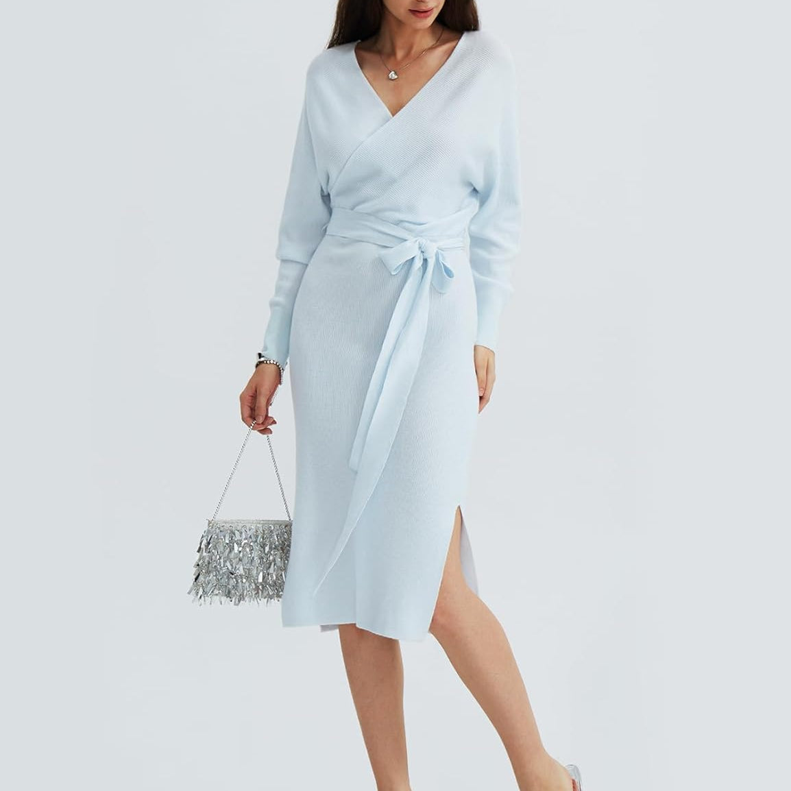 CHERFLY Women's V Neck Sweater Dresses Batwing Long Sleeve Backless Bodycon Long Dress with Belt
