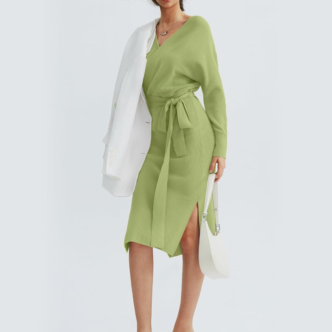 CHERFLY Women's V Neck Sweater Dresses Batwing Long Sleeve Backless Bodycon Long Dress with Belt