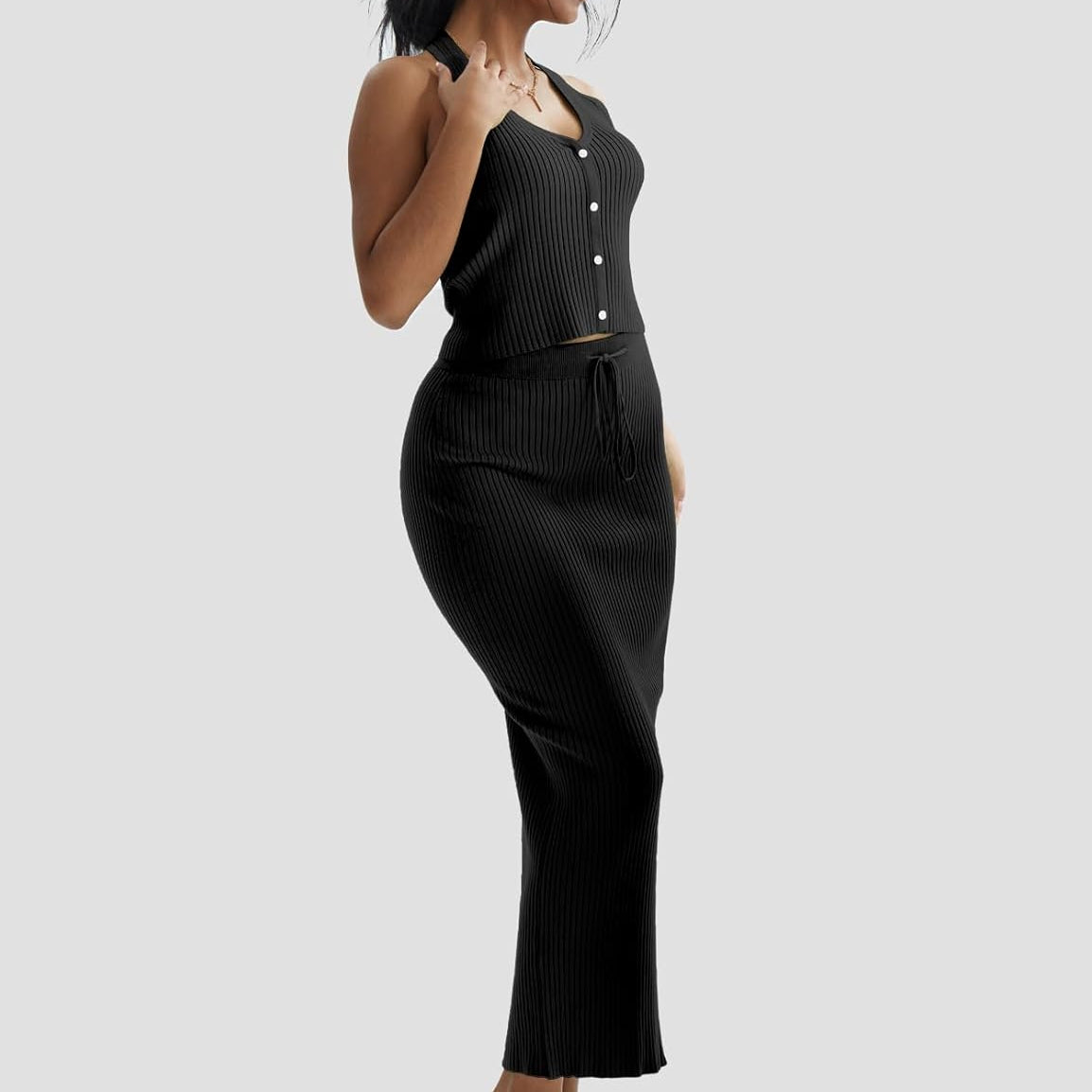 CHERFLY Womens 2 Piece Outfits 2025 Summer Sweater Skirt Sets Halter Top Midi Bodycon Dress