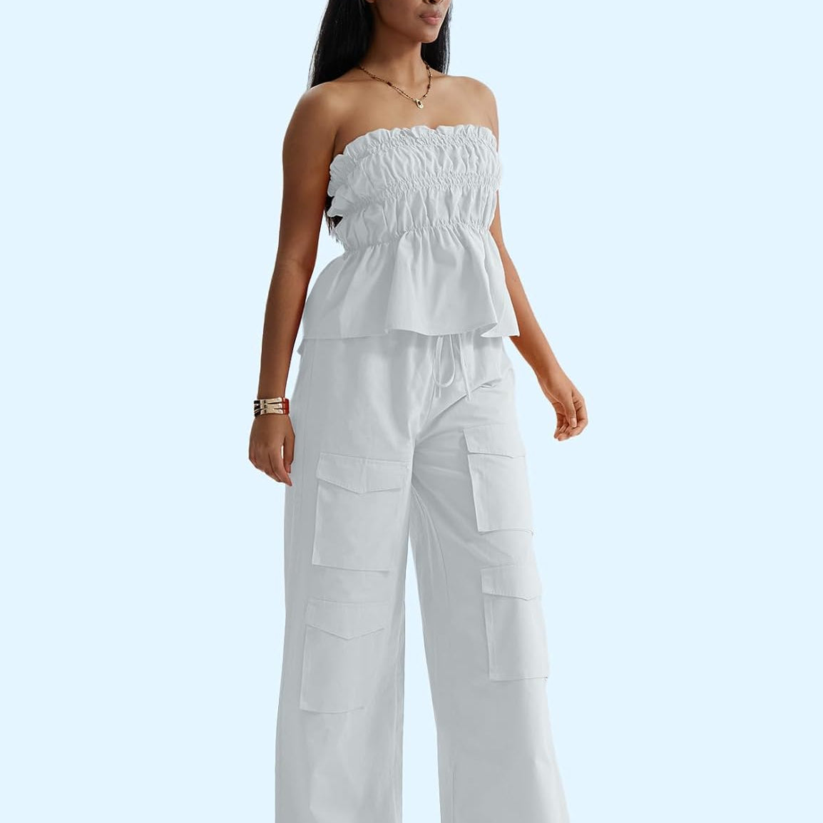 CHERFLY Women's 2 Piece Outfits 2025 Summer Sleeveless Sweatsuits Tube Top Cargo Pants with Pockets Casual Tracksuits
