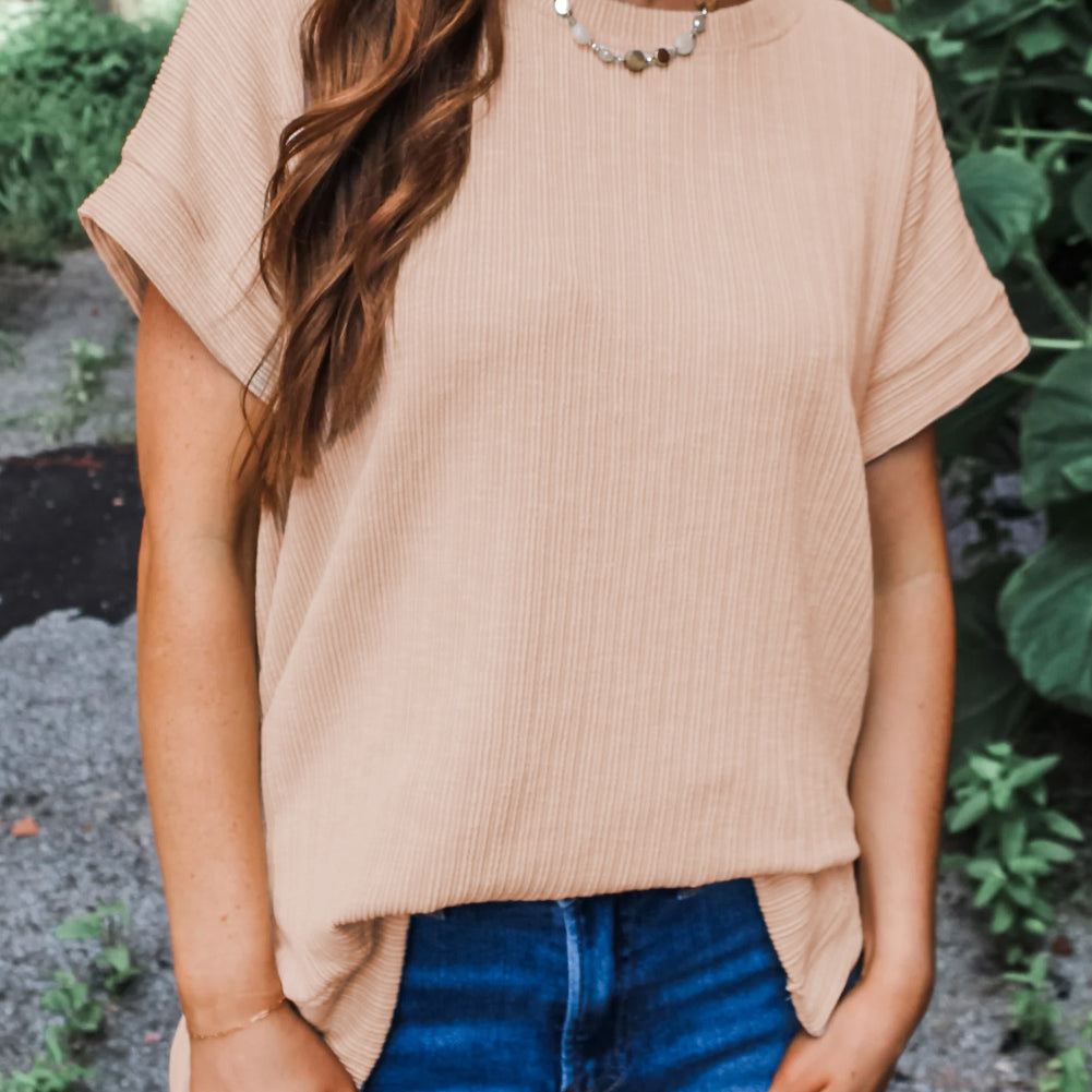 Jet Stream Textured Knit Round Neck Short Sleeve Top