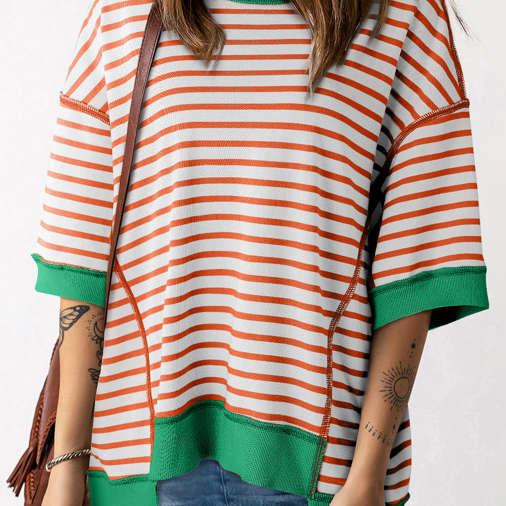 Pink Stripe Oversized Contrast Trim Exposed Seam High Low T Shirt