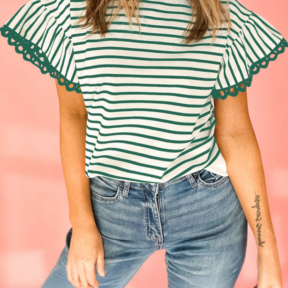 Green Stripe Scallop Lace Trim Ruffle Short Sleeves Crewneck Top