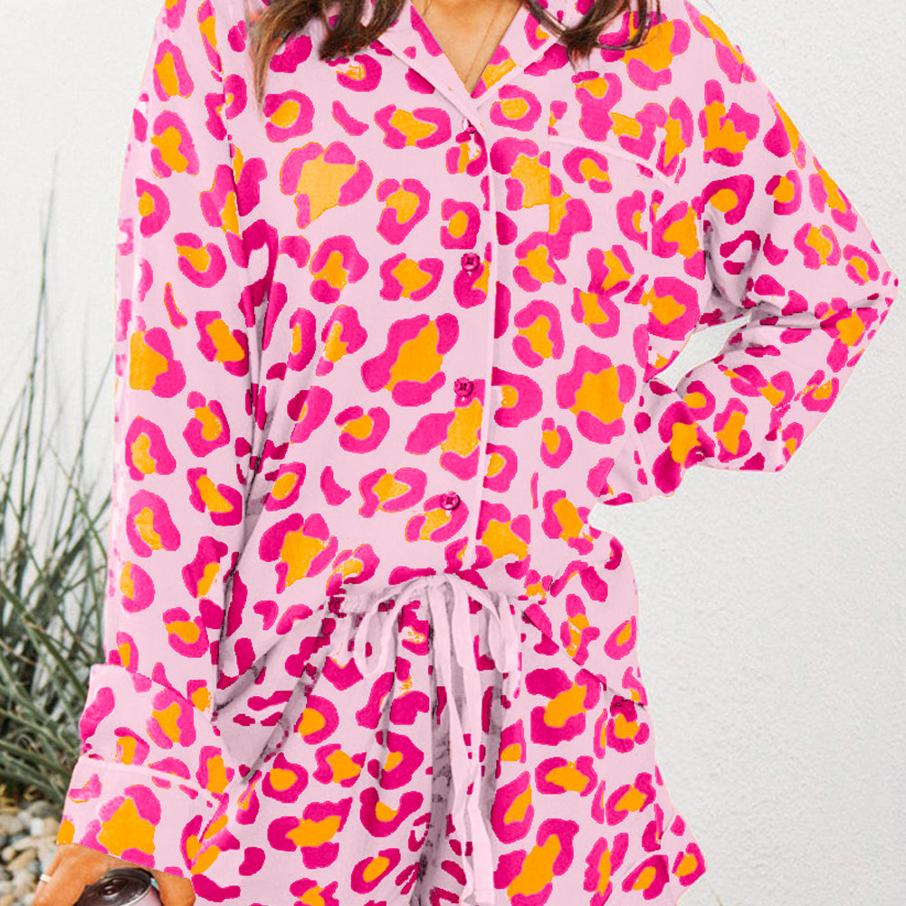 Orange Leopard Print Long Sleeve Shirt and Shorts Pajama Set