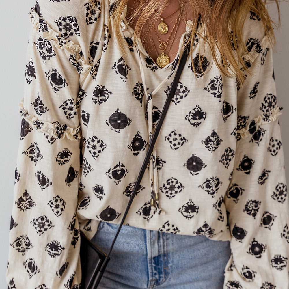 White Printed Split Neck Bubble Sleeve Loose Blouse