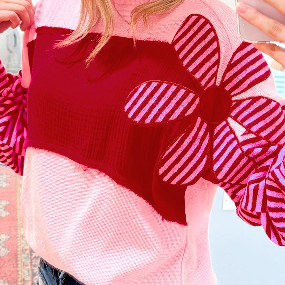 Pink Floral Patch Color Block Striped Sleeve Textured Top