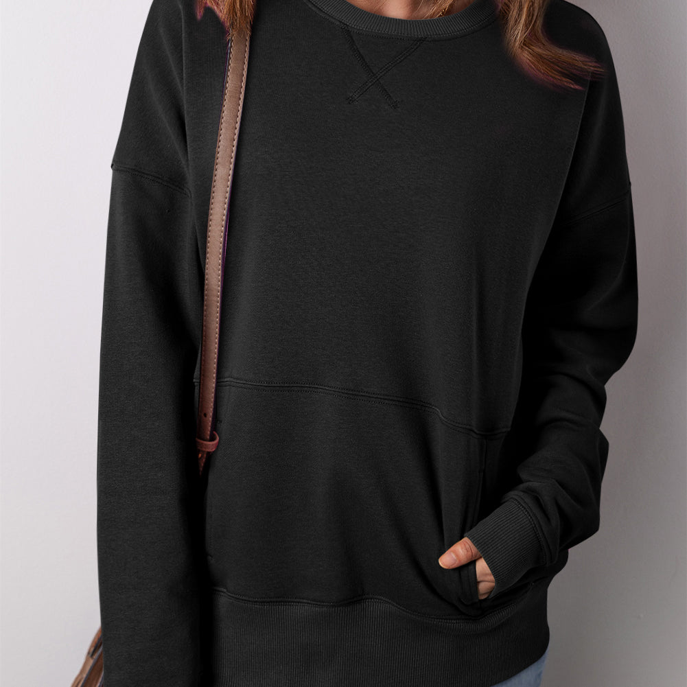 Vineyard Green Drop Shoulder Crisscross Stitching Pocketed Loose Sweatshirt