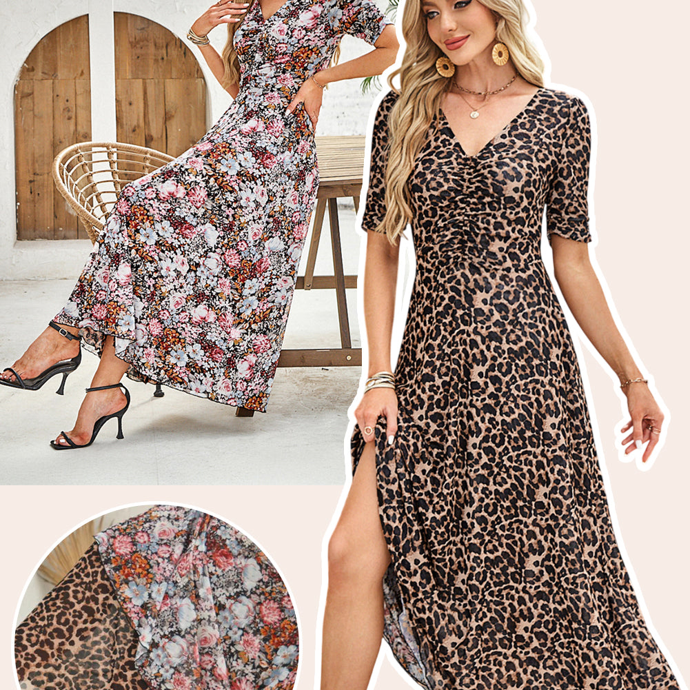 Brown Mesh Leopard Floral Reversible V Neck Short Sleeve Dress