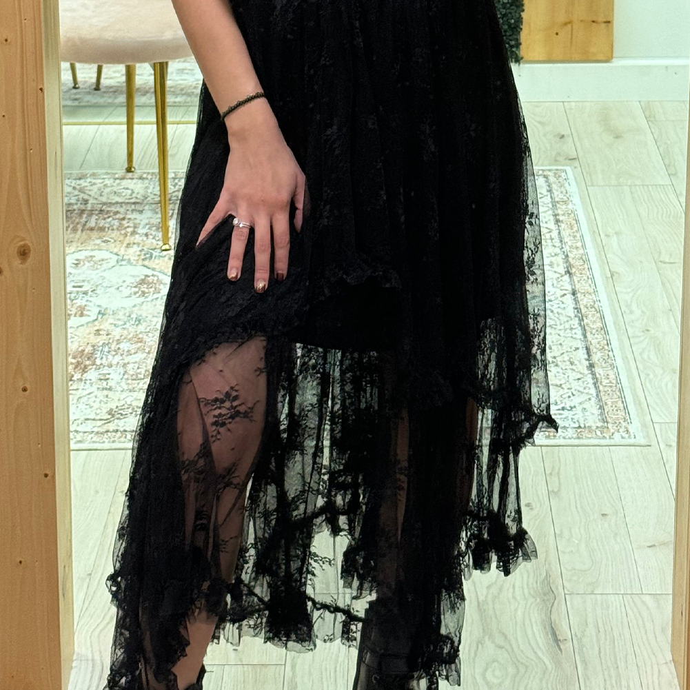 Black Lace Cascading Tiered High Waist Maxi Skirt