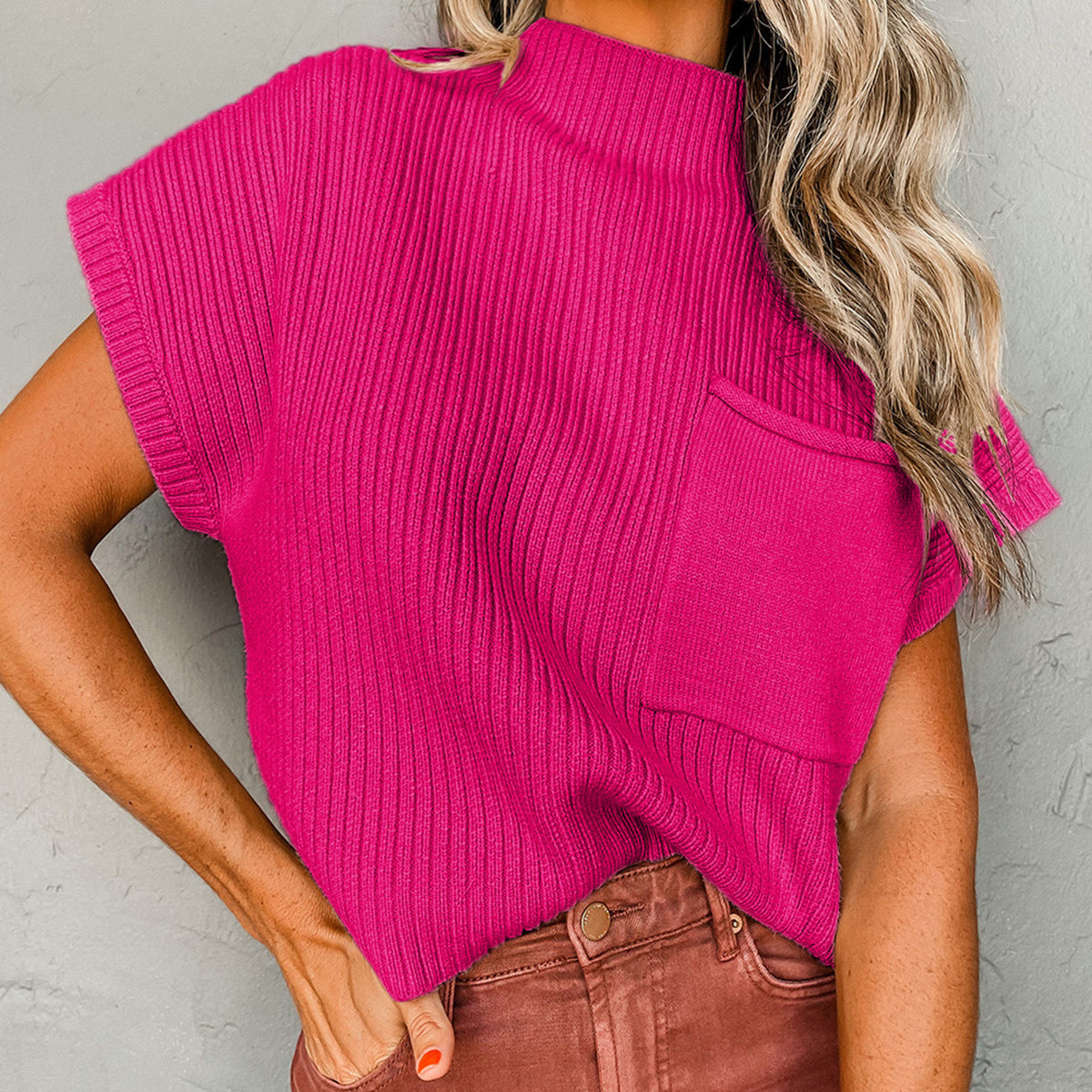 Pink Patch Pocket Ribbed Knit Short Sleeve Sweater