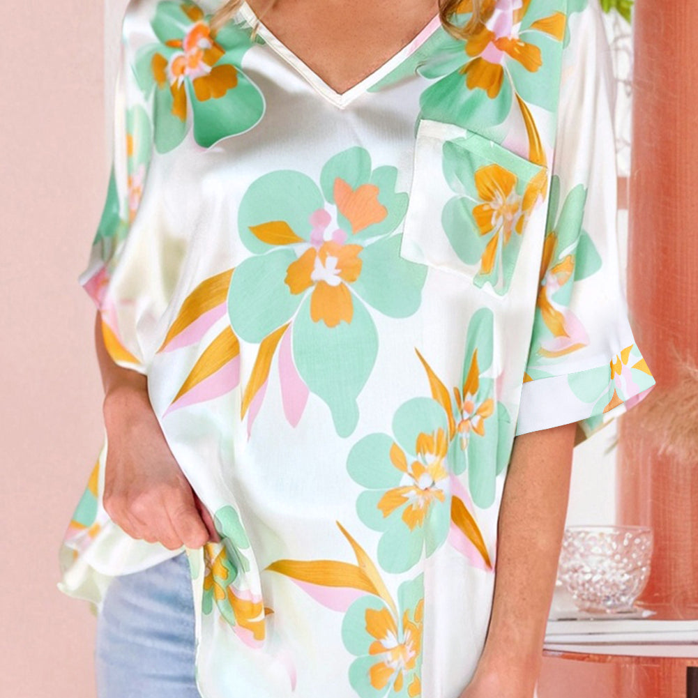 Green Floral Print Loose Fit V Neck Half Sleeve Blouse