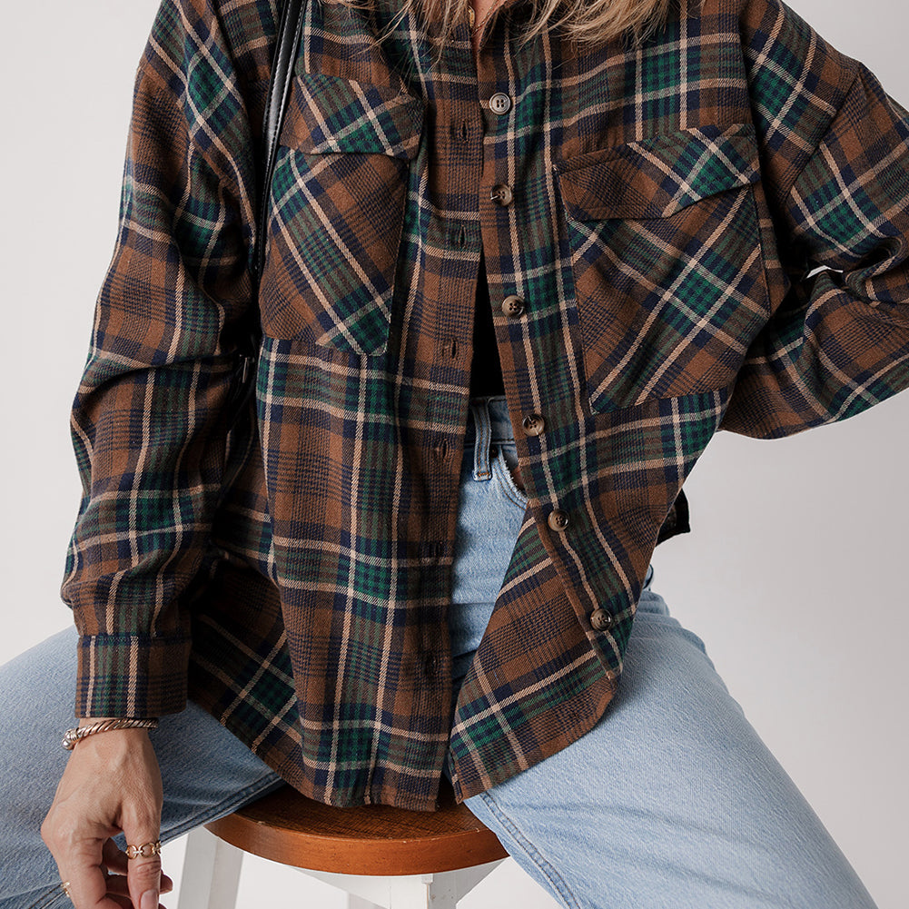Brown Plaid Print Chest Pockets Buttoned Shirt Jacket