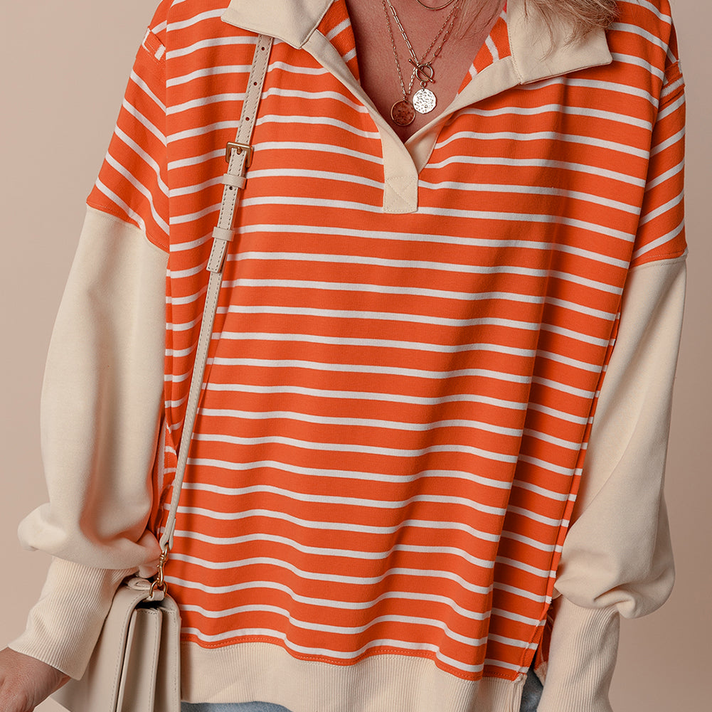 Orange Stripe Color Block Loose Fit Collared Drop Shoulder Sweatshirt