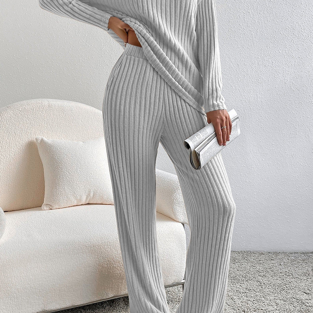 Light Grey Ribbed Knit V Neck Slouchy Two-piece Outfit