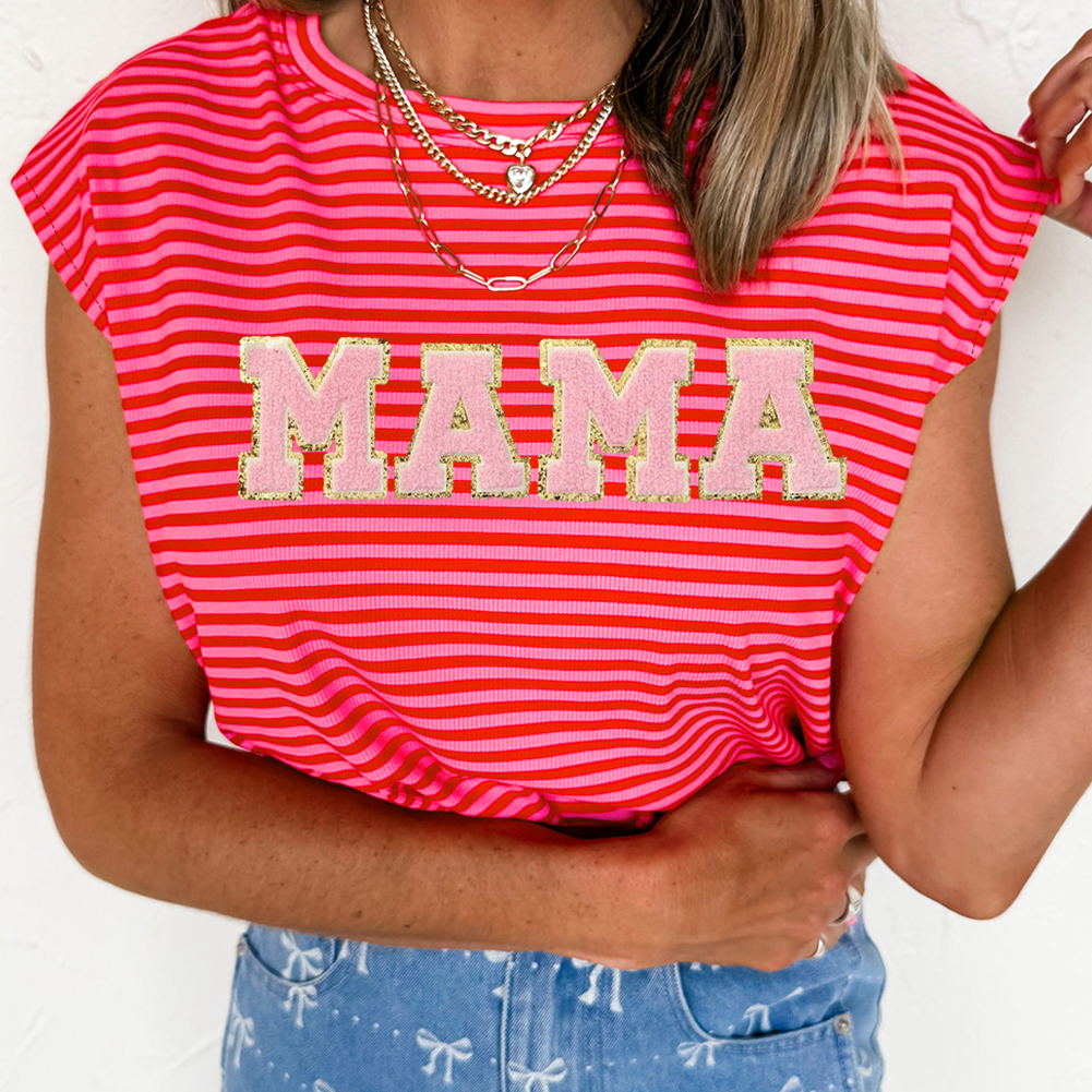 Red Stripe MAMA Graphic Cap Sleeve T Shirt