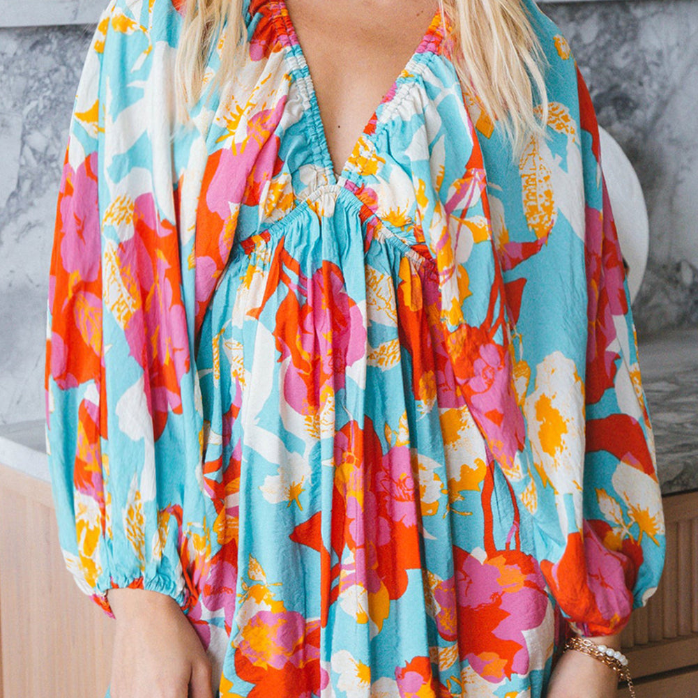 Sky Blue Floral Bracelet Sleeve Empire Waist Mini Dress