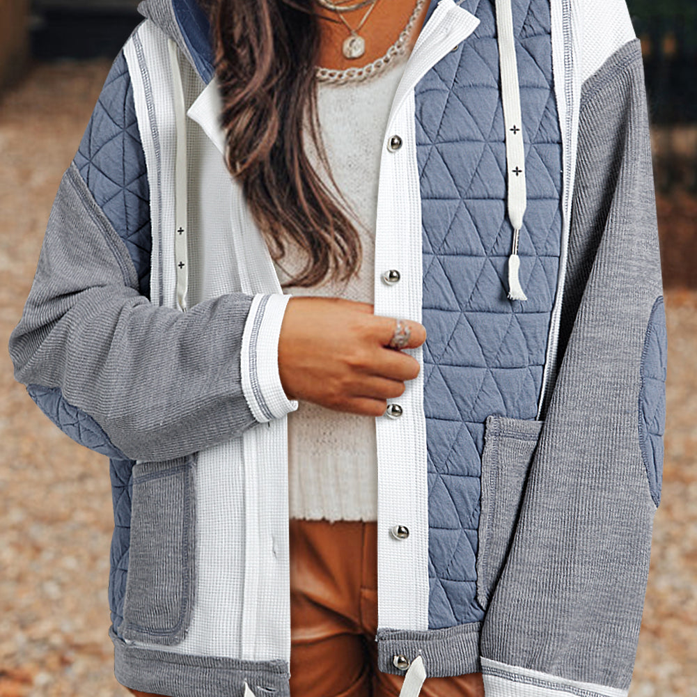 Jungle Green Quilted Textured Patchwork Loose Fit Hooded Jacket
