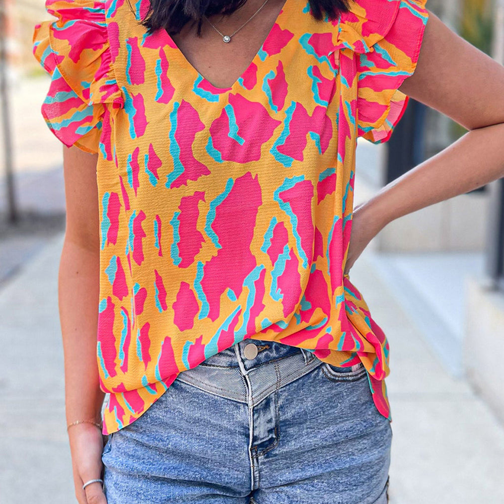 Orange Abstract Print V Neck Ruffled Sleeve Blouse