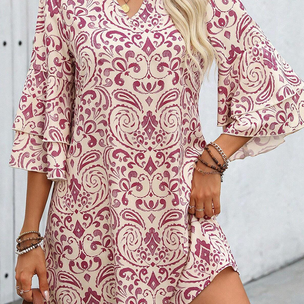 Pink Paisley Print Tiered 3/4 Sleeve Notched Neck Mini Dress