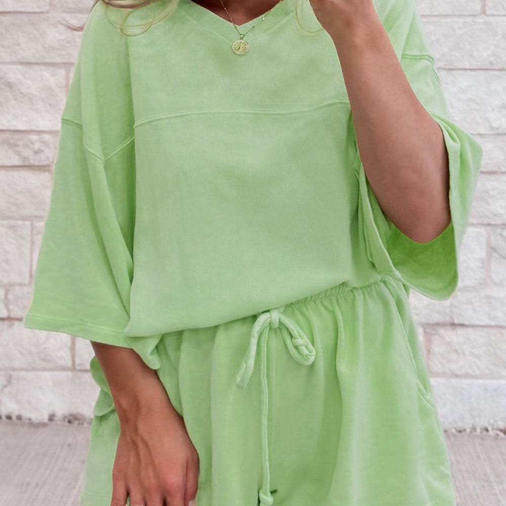 Bonbon Solid Loose V Neck Half Sleeve Tee and Shorts