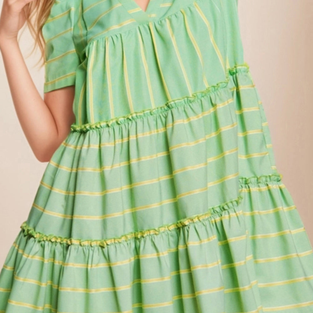 Green Stripe V Neck Short Sleeve Frilled Detail A-line Dress