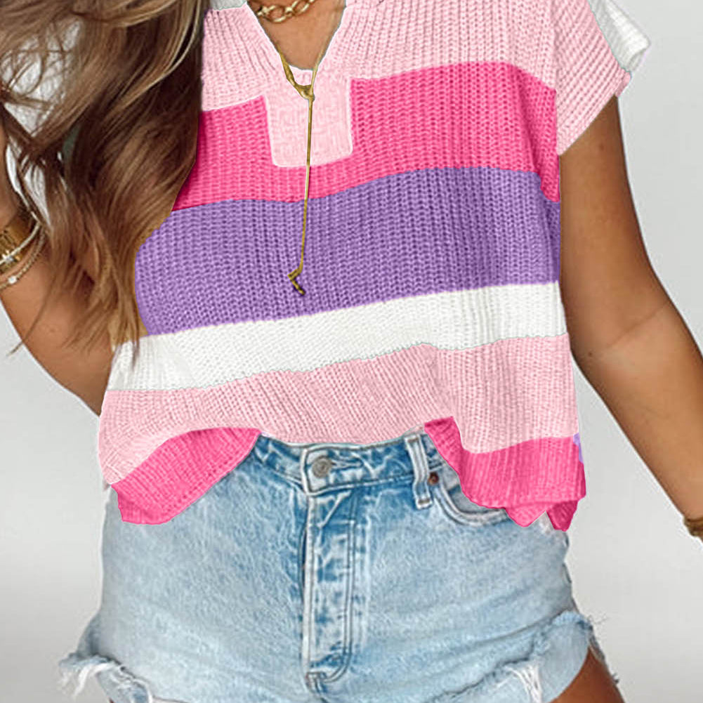 Light Blue Color Block Notch V Neck Sweater T Shirt